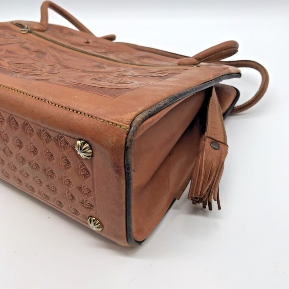 Vintage 60s Gaitan Artisan Hand Tooled Carved Leather Double Handle Purse Mexico - Picture 5 of 12